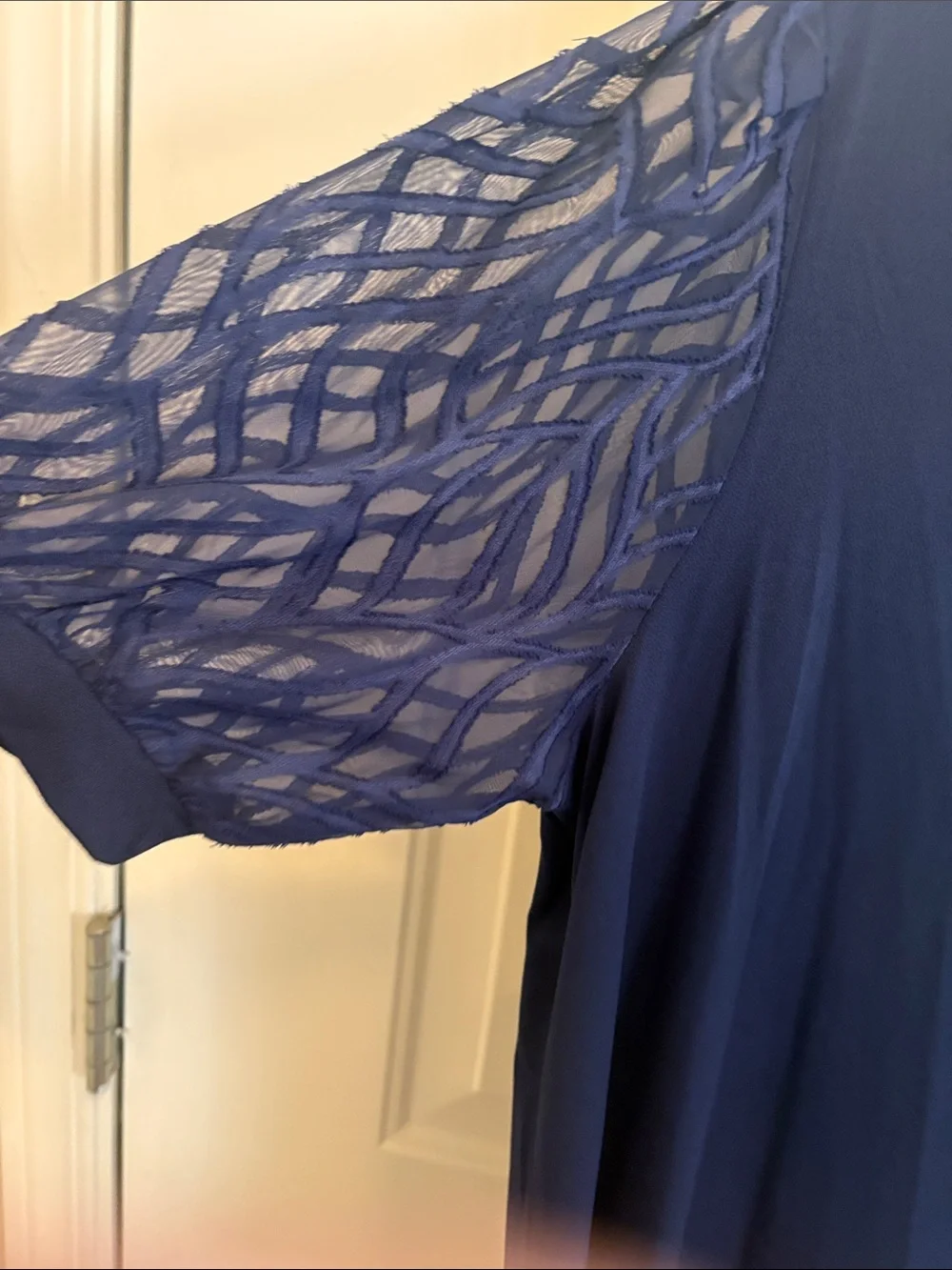 Cable & Gauge Navy Short Sleeve Top with Lattice Puff Sleeves - Picture 2 of 6